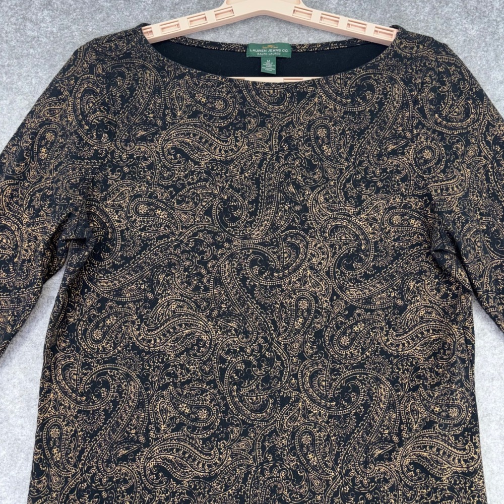 Lauren Ralph Lauren Paisley Print Cotton Top Black Tan 3/4 Sleeve Size M